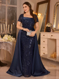 Women’s Plus Size Elegant Square Neck Pleated Sequin Formal Party Maxi Dress