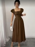 Women’s Brown Textured Square Neck Tie Waist Double Ruffle Sleeve Maxi Dress