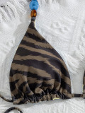 Women’s Reversible Polka Dot Tiger Print Halter Neck Lace Up Two Piece Swimsuit