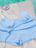 Women’s Halter Neck Triangle Bikini Top and Square Leg Beach Shorts Two Piece Swimsuit