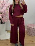 Women Round Neck Long Sleeve Top and Wide Leg Pant Casual Two Piece Set
