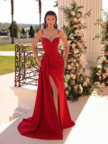 Women Spaghetti Strap Rhinestone Split Formal Party Cocktail Evening Dress