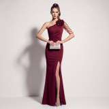 Women One Shoulder Beaded Floral Split Formal Party Maxi Evening Dress
