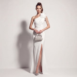 Women One Shoulder Beaded Floral Split Formal Party Maxi Evening Dress