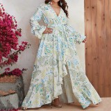 Plus Size Women Chiffon V-Neck Long Sleeve Split Printed Casual Maxi Dress