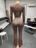 Women’s Sexy Animal Print Zip Up Matching Pants Set