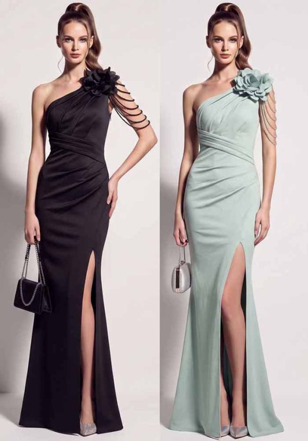 Women One Shoulder Beaded Floral Split Formal Party Maxi Evening Dress