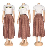 Women Round Neck Embroidered Short Sleeve T-Shirt and Pleated Midi Skirt Two Piece Set