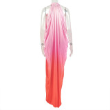 Women Gradient Sleeveless Ruched Halter Neck Casual Dress