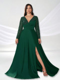 Women Solid V-Neck Long Sleeve Sequin Elegant Formal Party Dress