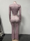 Women’s Sexy Animal Print Zip Up Matching Pants Set