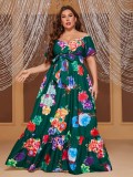 Plus Size Women Summer Large Print Off Shoulder Short Sleeve Tie Waist Dress