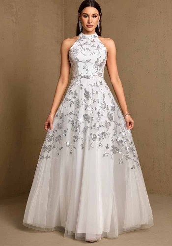Women Mesh Sequin Halter Neck Zipper Elegant Evening Dress