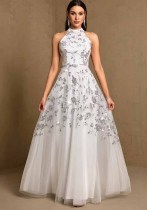 Women Mesh Sequin Halter Neck Zipper Elegant Evening Dress Women Mesh Sequin Halter Neck Zipper Elegant Evening Dress