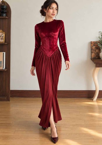 Women Fall Winter Velvet Round Neck Long Sleeve Ruched Split Maxi Dress