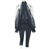 Women Summer Autumn Solid Mesh Tube Top High Neck Halter Neck Top and Pant Two Piece Set