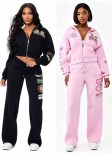 Women Casual Printed Hooded Long Sleeve Top and Wide Leg Long Pant Two Piece Set