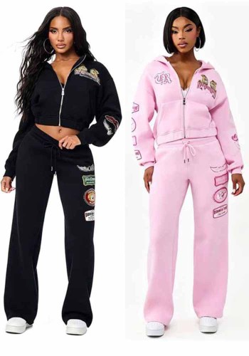 Women Casual Printed Hooded Long Sleeve Top and Wide Leg Long Pant Two Piece Set