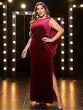 Plus Size Women Velvet Backless Batwing Shawl Party Split Mermaid Maxi Dress