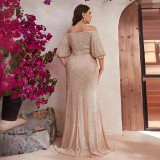 Plus Size Women Sequin Off Shoulder Short Sleeve Party Mermaid Maxi Evening Dress
