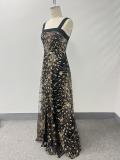 Women Mesh Pattern Sequin Spaghetti Strap Split Bridesmaid Maxi Evening Dress