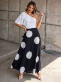 Women One Shoulder Short Sleeve Color Block Polka Dot Holidays Maxi Dress