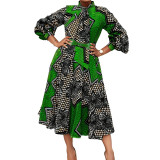 Women Printed Long Sleeve Stand Collar Dress