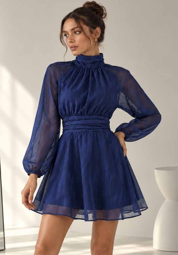 Women Fall Solid Chiffon Stand Collar Lantern Sleeve Bow Dress