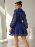 Women Fall Solid Chiffon Stand Collar Lantern Sleeve Bow Dress