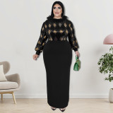 Plus Size Women Sequin Furry Collar Long Sleeve Dress