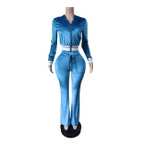 Women Gold Velvet Stretchy Top and Bell Bottom Pant Two Piece Set