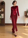 Women Fall Winter Velvet Round Neck Long Sleeve Ruched Split Maxi Dress