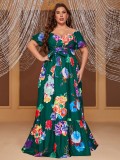 Plus Size Women Summer Large Print Off Shoulder Short Sleeve Tie Waist Dress