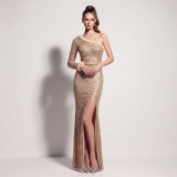 Women One Shoulder Single Sleeve Sequin Floral Split Formal Party Maxi Evening Dress