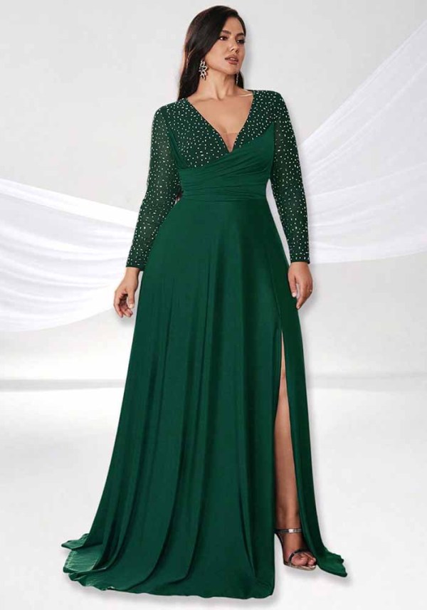 Women Solid V-Neck Long Sleeve Sequin Elegant Formal Party Dress
