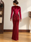 Women Fall Winter Velvet Round Neck Long Sleeve Ruched Split Maxi Dress