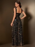 Women Mesh Pattern Sequin Spaghetti Strap Split Bridesmaid Maxi Evening Dress