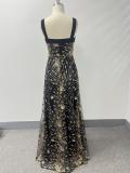 Women Mesh Pattern Sequin Spaghetti Strap Split Bridesmaid Maxi Evening Dress