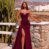 Women Spaghetti Strap Rhinestone Split Formal Party Cocktail Evening Dress