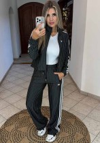 Women Casual Striped Stand Collar Zipper Top and Wide Leg Long Pant Two Piece Set Women Casual Striped Stand Collar Zipper Top and Wide Leg Long Pant Two Piece Set
