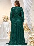 Plus Size Women Sequin V-Neck Split Long Sleeve Max Dress