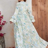 Plus Size Women Chiffon V-Neck Long Sleeve Split Printed Casual Maxi Dress
