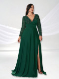Women Solid V-Neck Long Sleeve Sequin Elegant Formal Party Dress