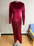 Women Fall Winter Velvet Round Neck Long Sleeve Ruched Split Maxi Dress