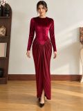 Women Fall Winter Velvet Round Neck Long Sleeve Ruched Split Maxi Dress