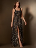 Women Mesh Pattern Sequin Spaghetti Strap Split Bridesmaid Maxi Evening Dress