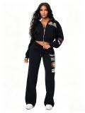 Women Casual Printed Hooded Long Sleeve Top and Wide Leg Long Pant Two Piece Set