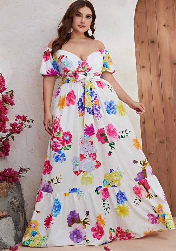 Plus Size Women Summer Large Print Off Shoulder Short Sleeve Tie Waist Dress