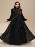 Plus Size Women Spring Summer Long Sleeve Beaded Applique Elegant Maxi Dress