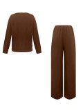 Women Round Neck Long Sleeve Top and Wide Leg Pant Casual Two Piece Set